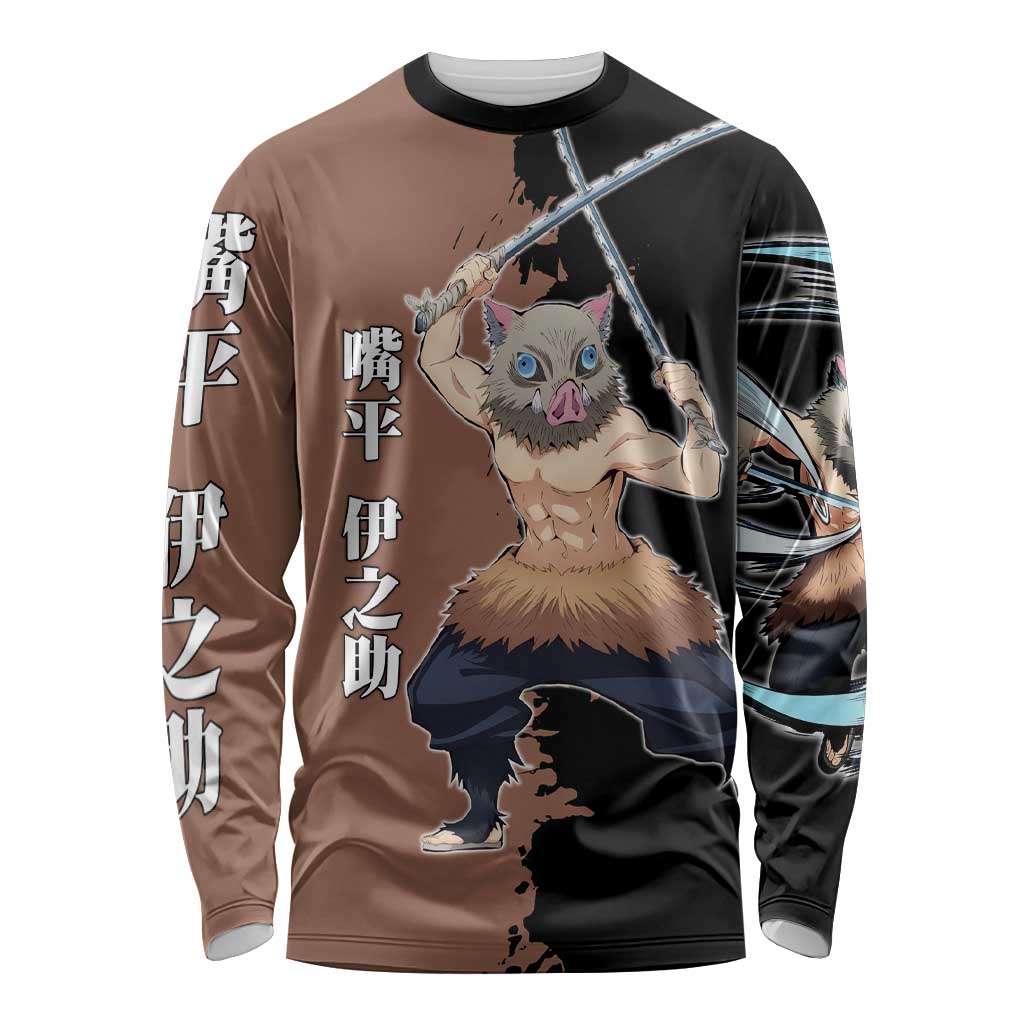 Inosuke Hashibira from Demon Slayer Long Sleeve Shirt with Boar Mask and Dual Swords Battle Pose - The Mazicc