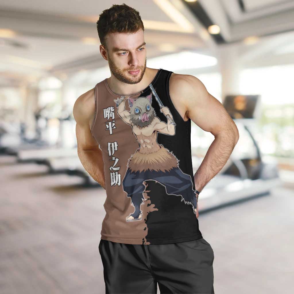 Inosuke Hashibira from Demon Slayer Men Tank Top with Boar Mask and Dual Swords Battle Pose - The Mazicc