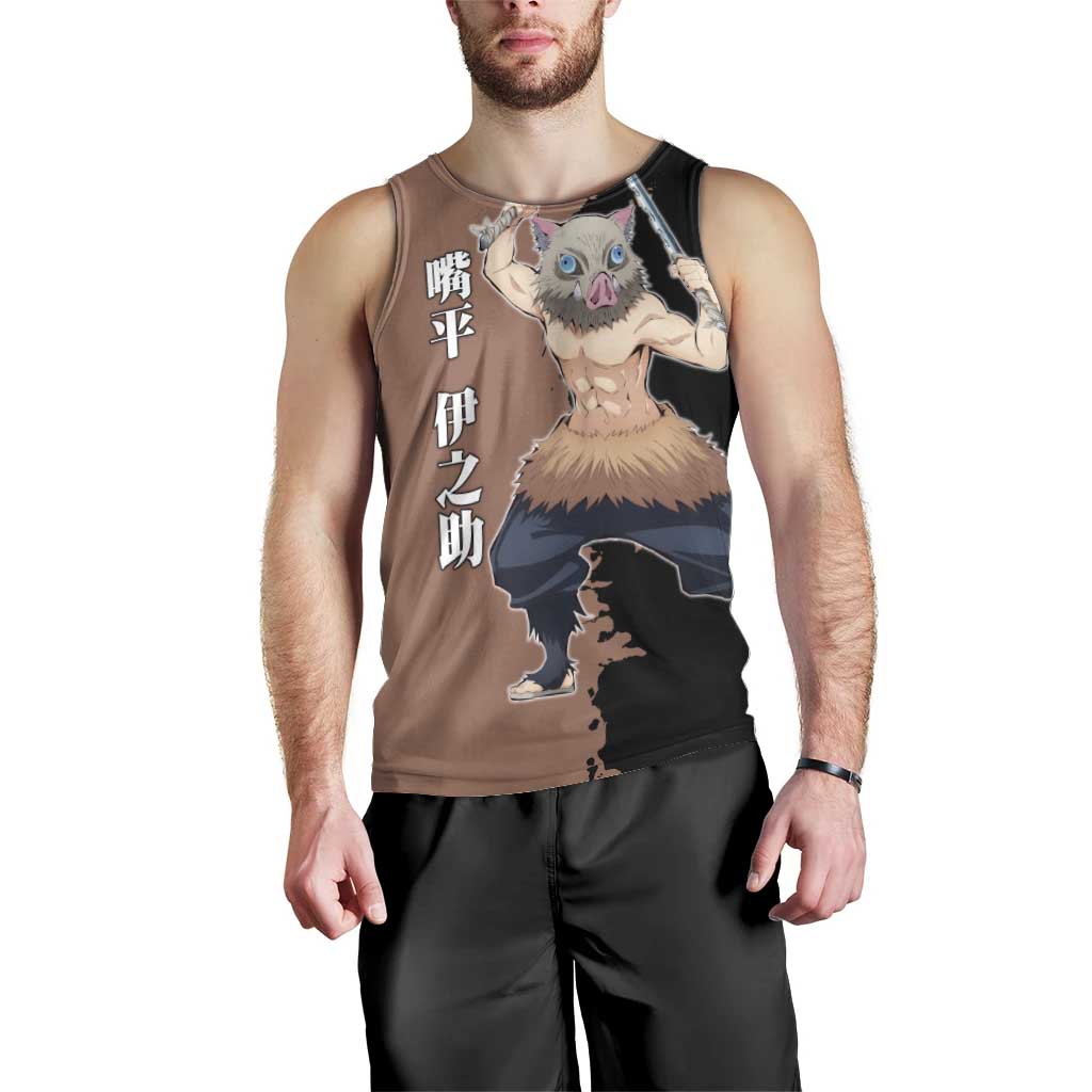 Inosuke Hashibira from Demon Slayer Men Tank Top with Boar Mask and Dual Swords Battle Pose - The Mazicc