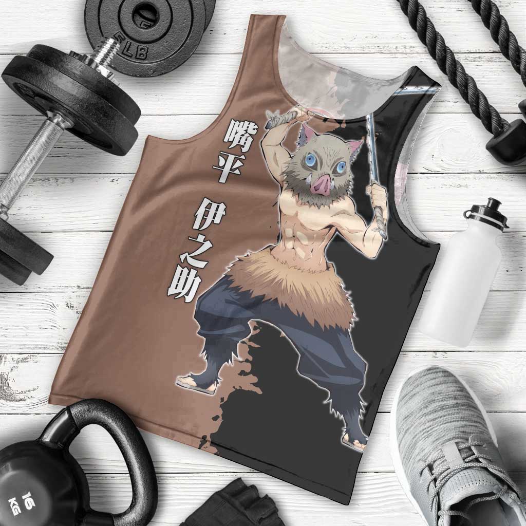 Inosuke Hashibira from Demon Slayer Men Tank Top with Boar Mask and Dual Swords Battle Pose - The Mazicc