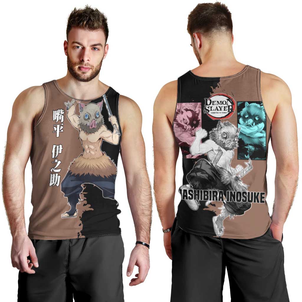 Inosuke Hashibira from Demon Slayer Men Tank Top with Boar Mask and Dual Swords Battle Pose - The Mazicc