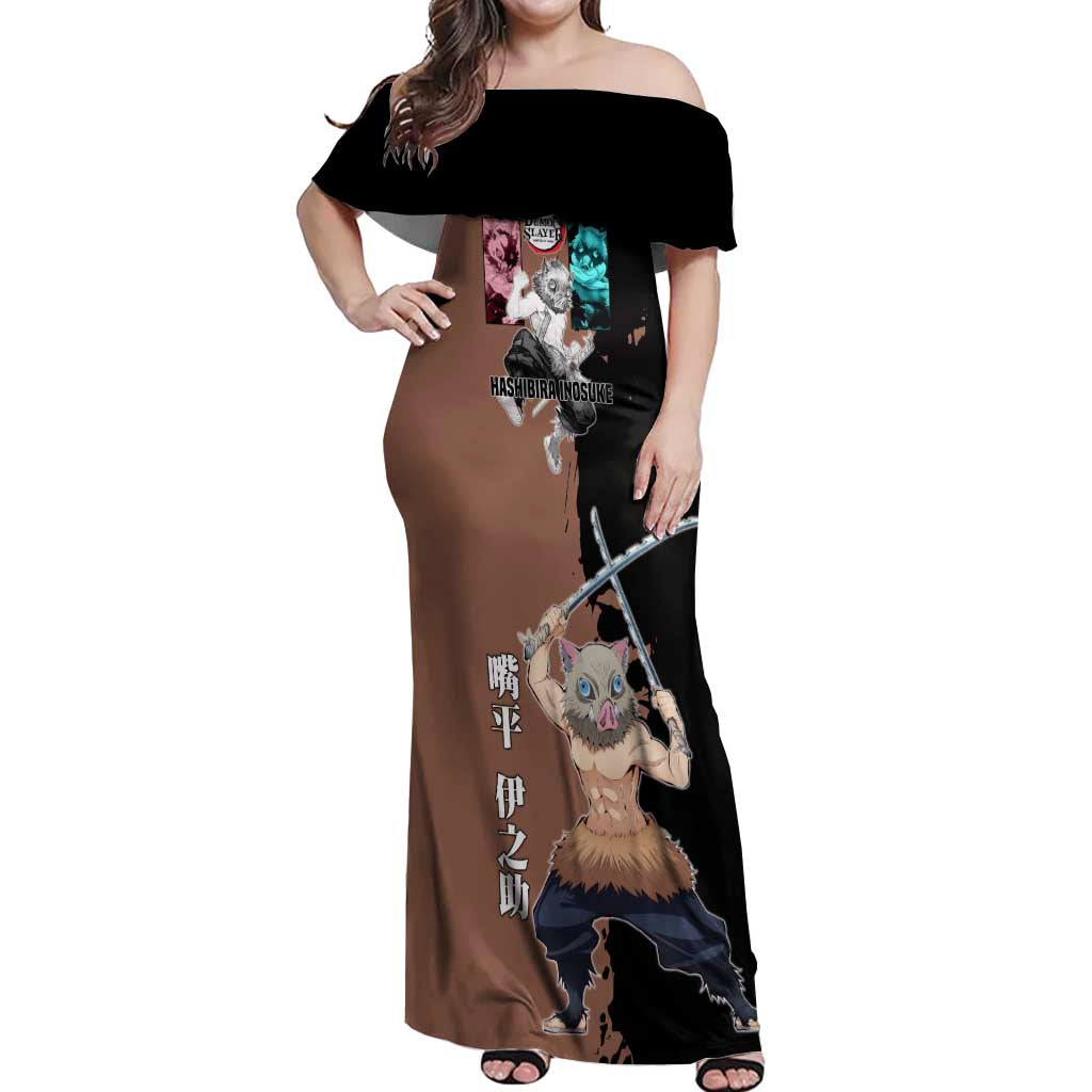 Inosuke Hashibira from Demon Slayer Off Shoulder Maxi Dress with Boar Mask and Dual Swords Battle Pose - The Mazicc