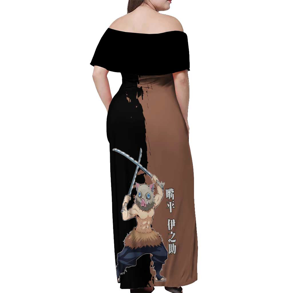Inosuke Hashibira from Demon Slayer Off Shoulder Maxi Dress with Boar Mask and Dual Swords Battle Pose - The Mazicc