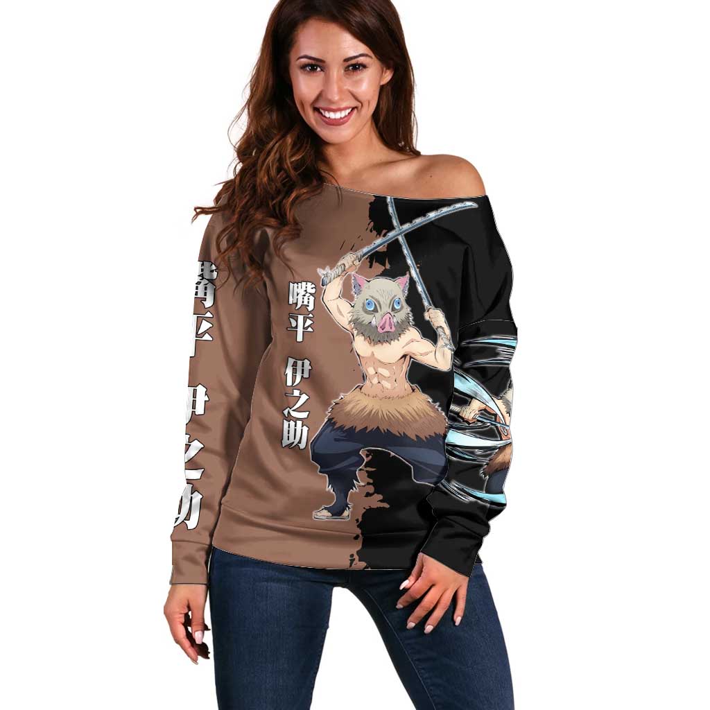 Inosuke Hashibira from Demon Slayer Off Shoulder Sweater with Boar Mask and Dual Swords Battle Pose - The Mazicc