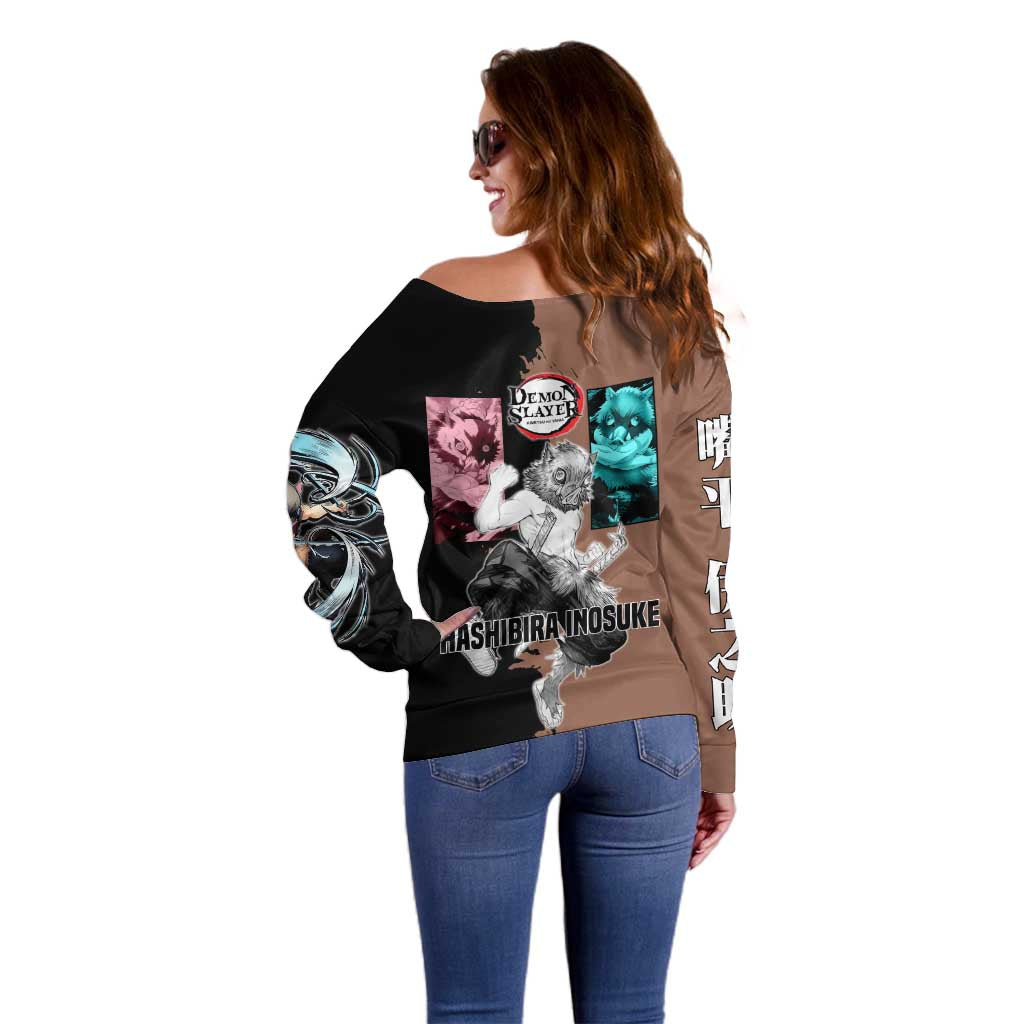 Inosuke Hashibira from Demon Slayer Off Shoulder Sweater with Boar Mask and Dual Swords Battle Pose - The Mazicc