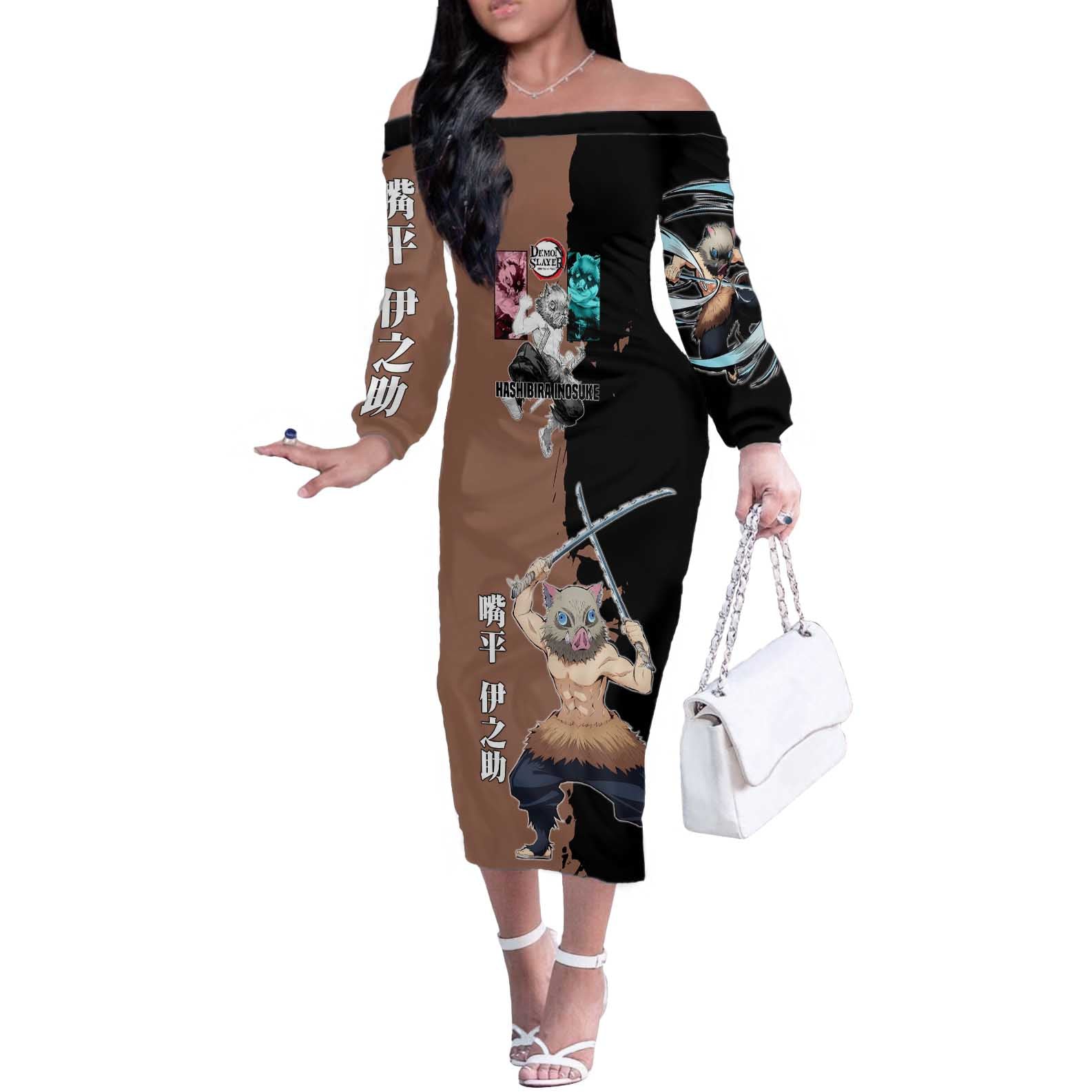 Inosuke Hashibira from Demon Slayer Off The Shoulder Long Sleeve Dress with Boar Mask and Dual Swords Battle Pose - The Mazicc