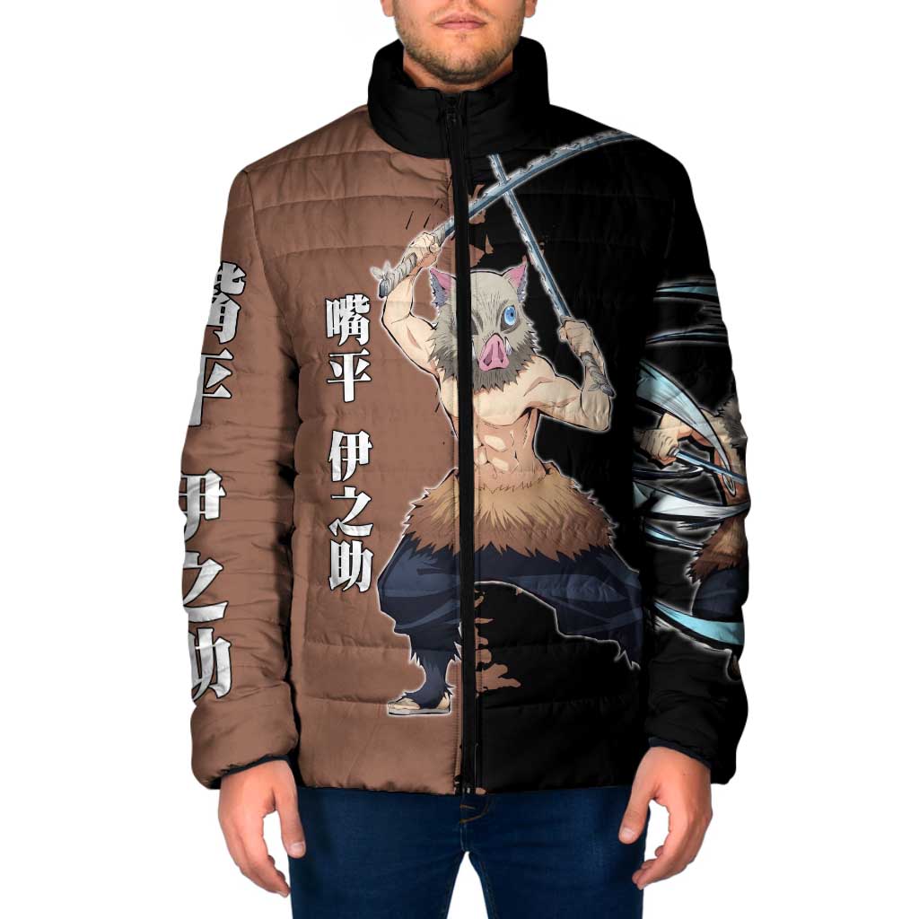 Inosuke Hashibira from Demon Slayer Padded Jacket with Boar Mask and Dual Swords Battle Pose - The Mazicc
