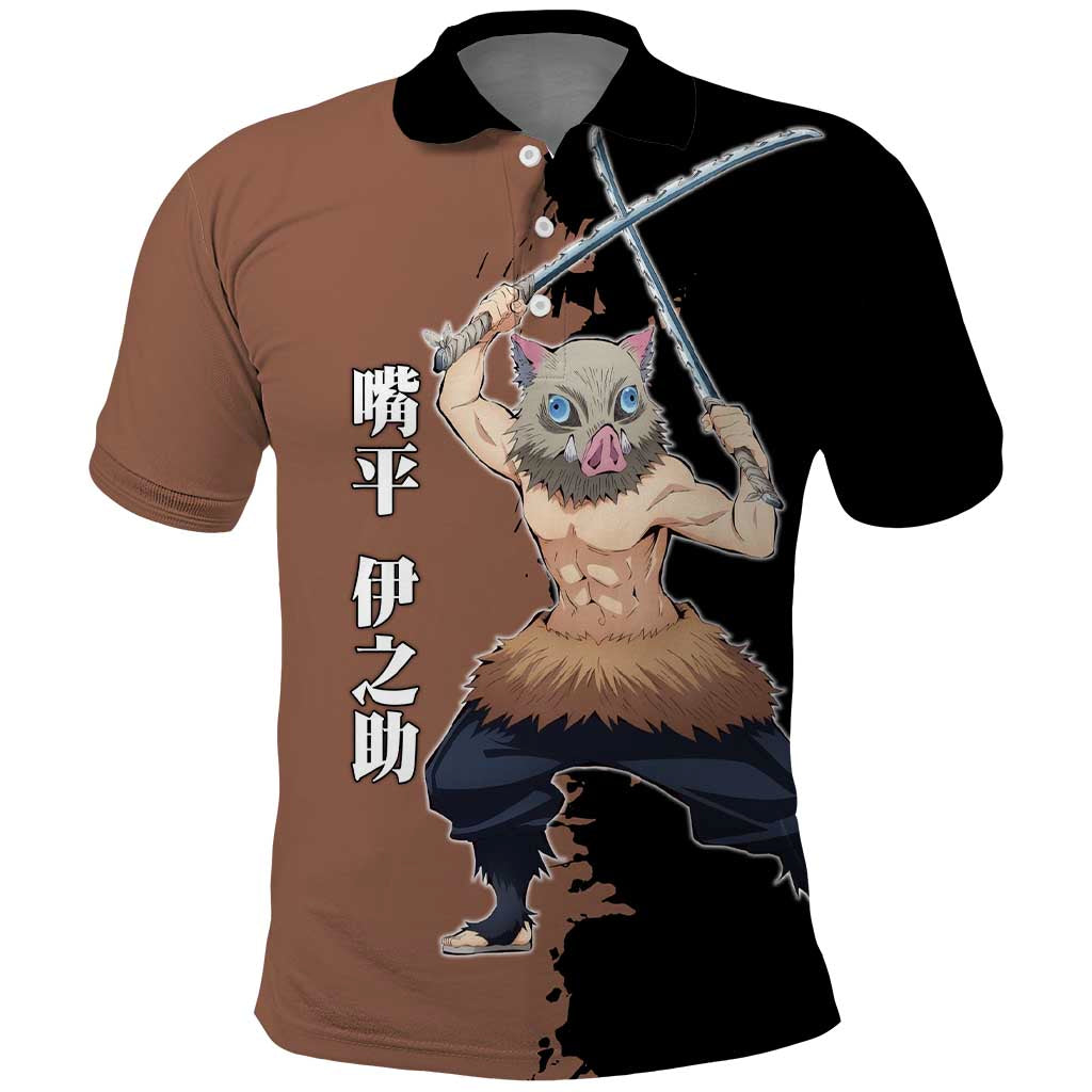 Inosuke Hashibira from Demon Slayer Polo Shirt with Boar Mask and Dual Swords Battle Pose - The Mazicc