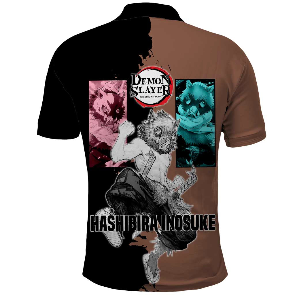 Inosuke Hashibira from Demon Slayer Polo Shirt with Boar Mask and Dual Swords Battle Pose - The Mazicc
