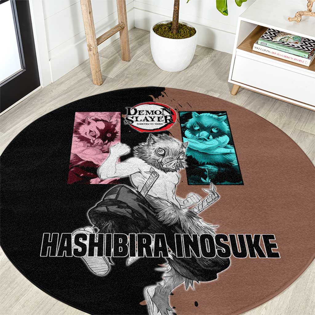 Inosuke Hashibira from Demon Slayer Round Carpet with Boar Mask and Dual Swords Battle Pose - The Mazicc