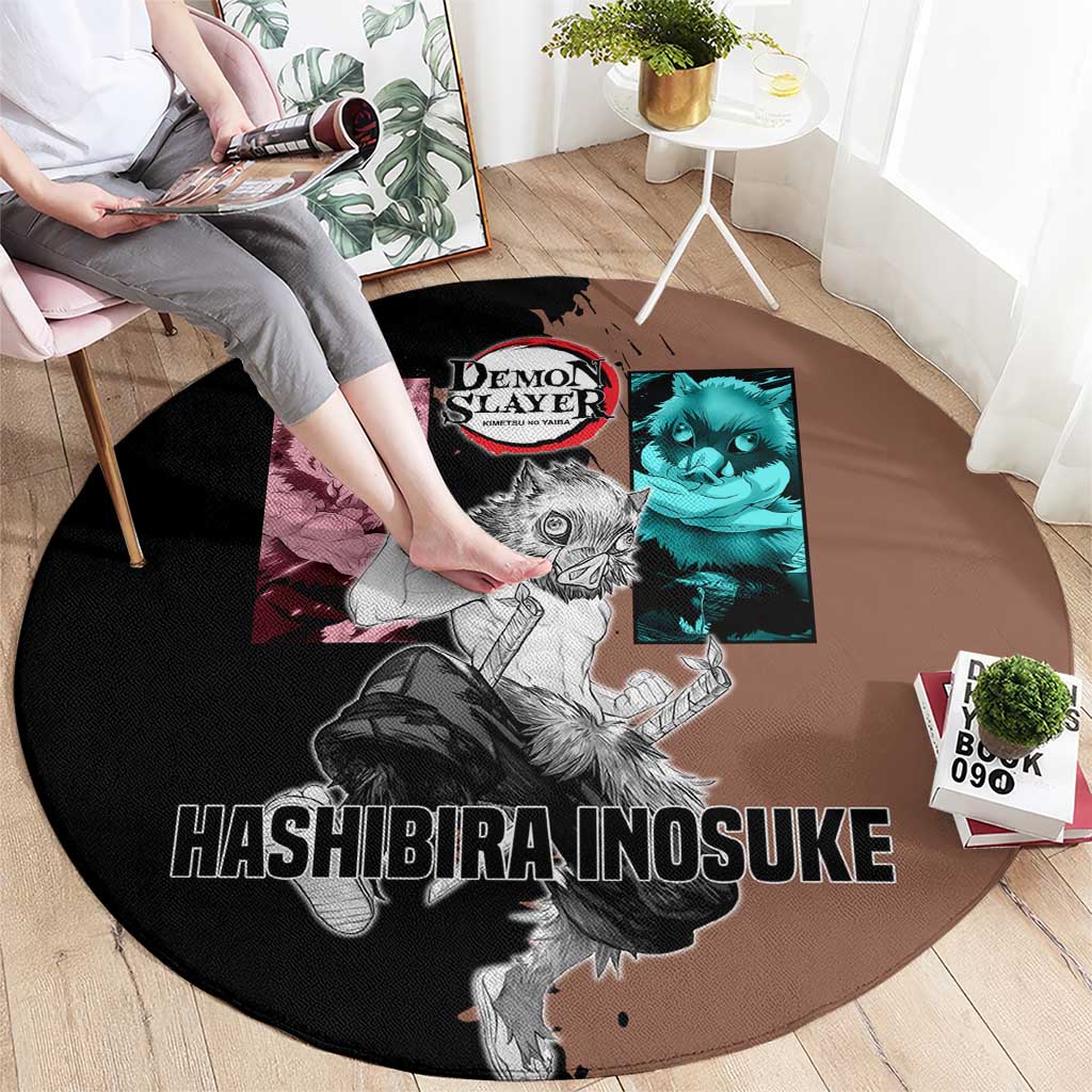 Inosuke Hashibira from Demon Slayer Round Carpet with Boar Mask and Dual Swords Battle Pose - The Mazicc