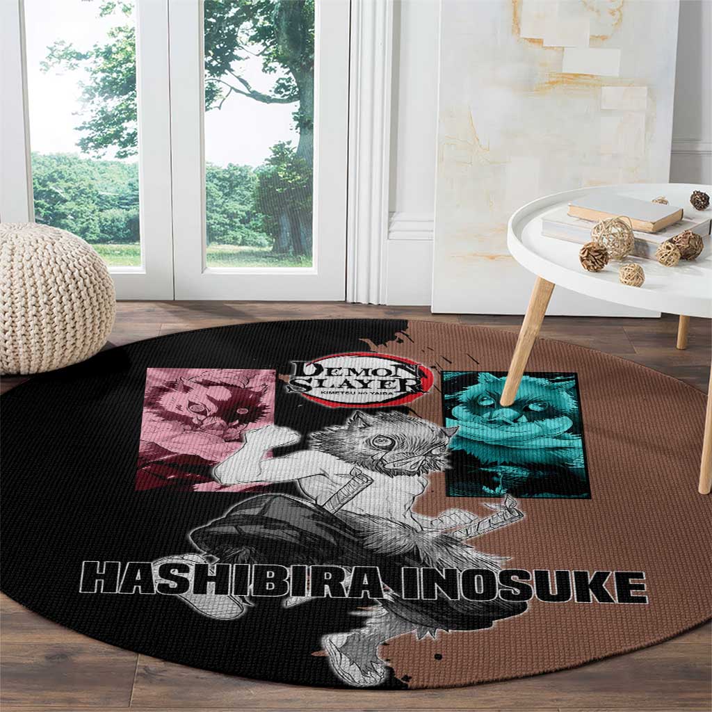 Inosuke Hashibira from Demon Slayer Round Carpet with Boar Mask and Dual Swords Battle Pose - The Mazicc