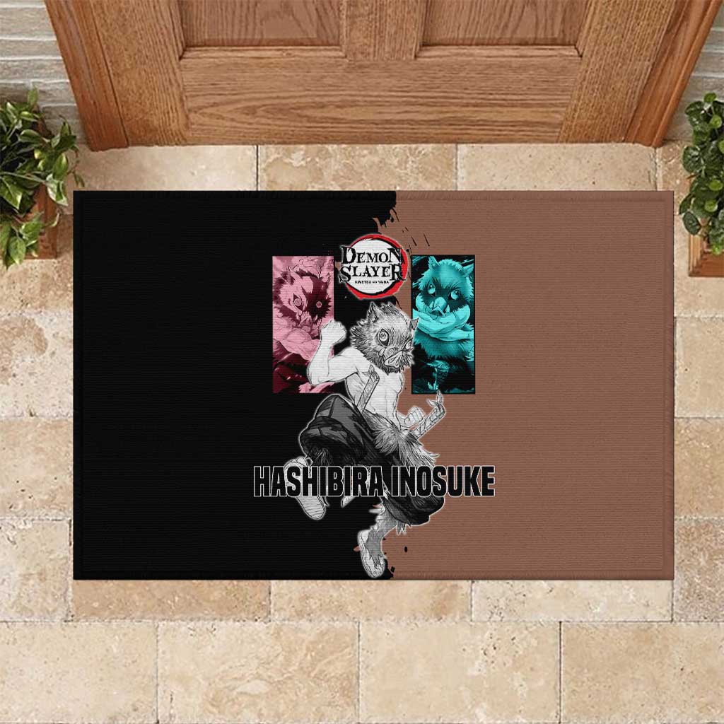 Inosuke Hashibira from Demon Slayer Rubber Doormat with Boar Mask and Dual Swords Battle Pose - The Mazicc