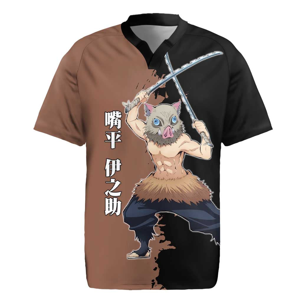 Inosuke Hashibira from Demon Slayer Rugby Jersey with Boar Mask and Dual Swords Battle Pose - The Mazicc