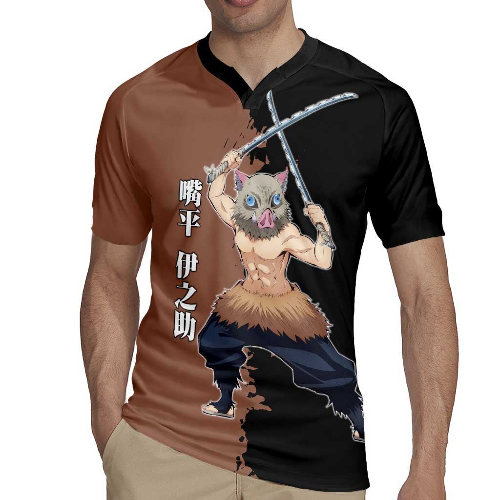 Inosuke Hashibira from Demon Slayer Rugby Jersey with Boar Mask and Dual Swords Battle Pose - The Mazicc