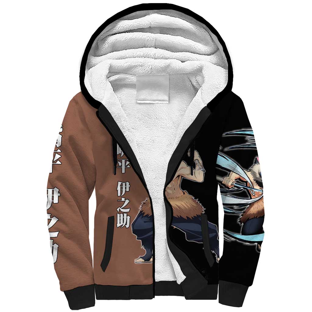 Inosuke Hashibira from Demon Slayer Sherpa Hoodie with Boar Mask and Dual Swords Battle Pose - The Mazicc