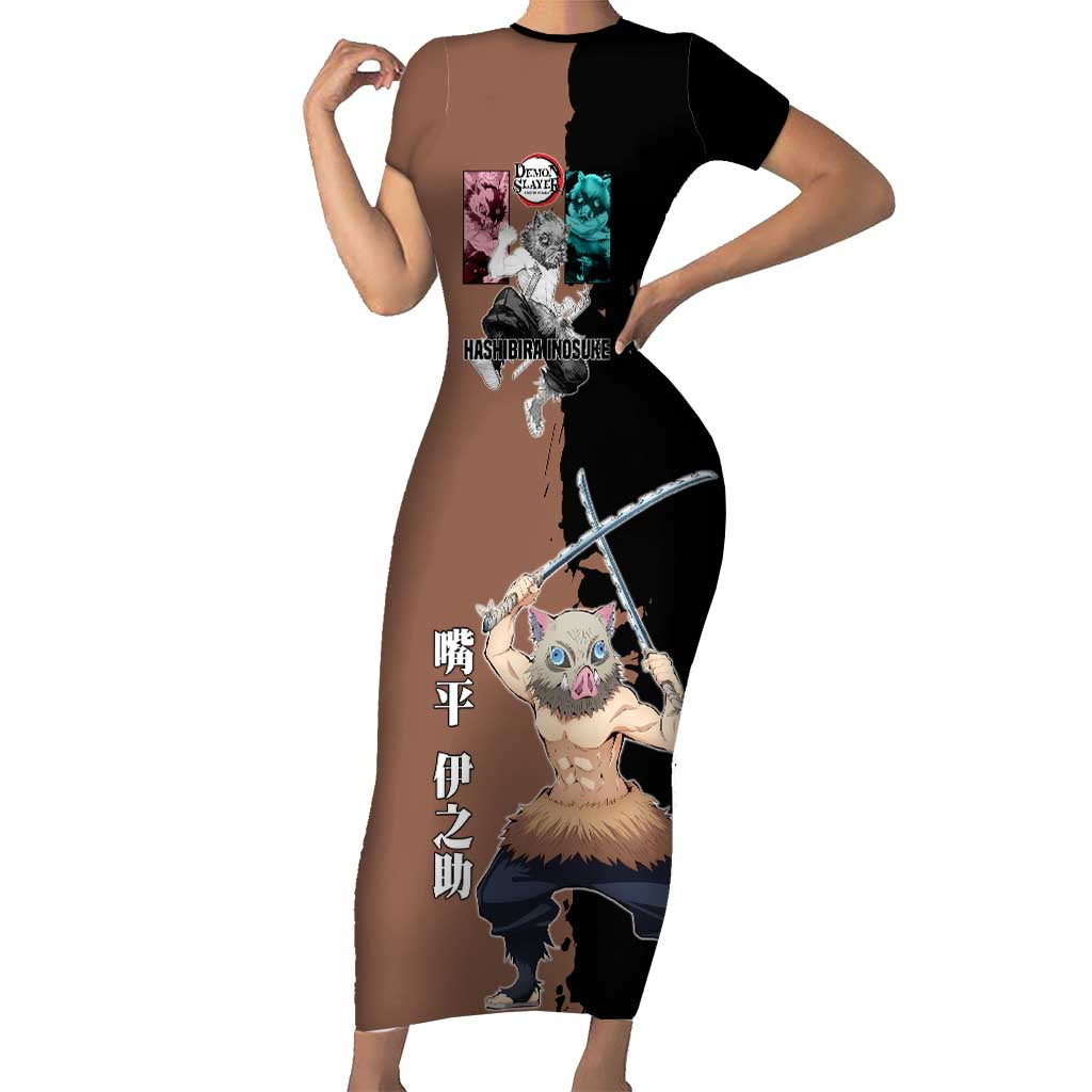Inosuke Hashibira from Demon Slayer Short Sleeve Bodycon Dress with Boar Mask and Dual Swords Battle Pose - The Mazicc