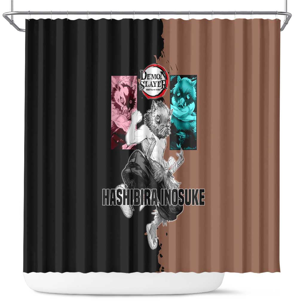 Inosuke Hashibira from Demon Slayer Shower Curtain with Boar Mask and Dual Swords Battle Pose - The Mazicc