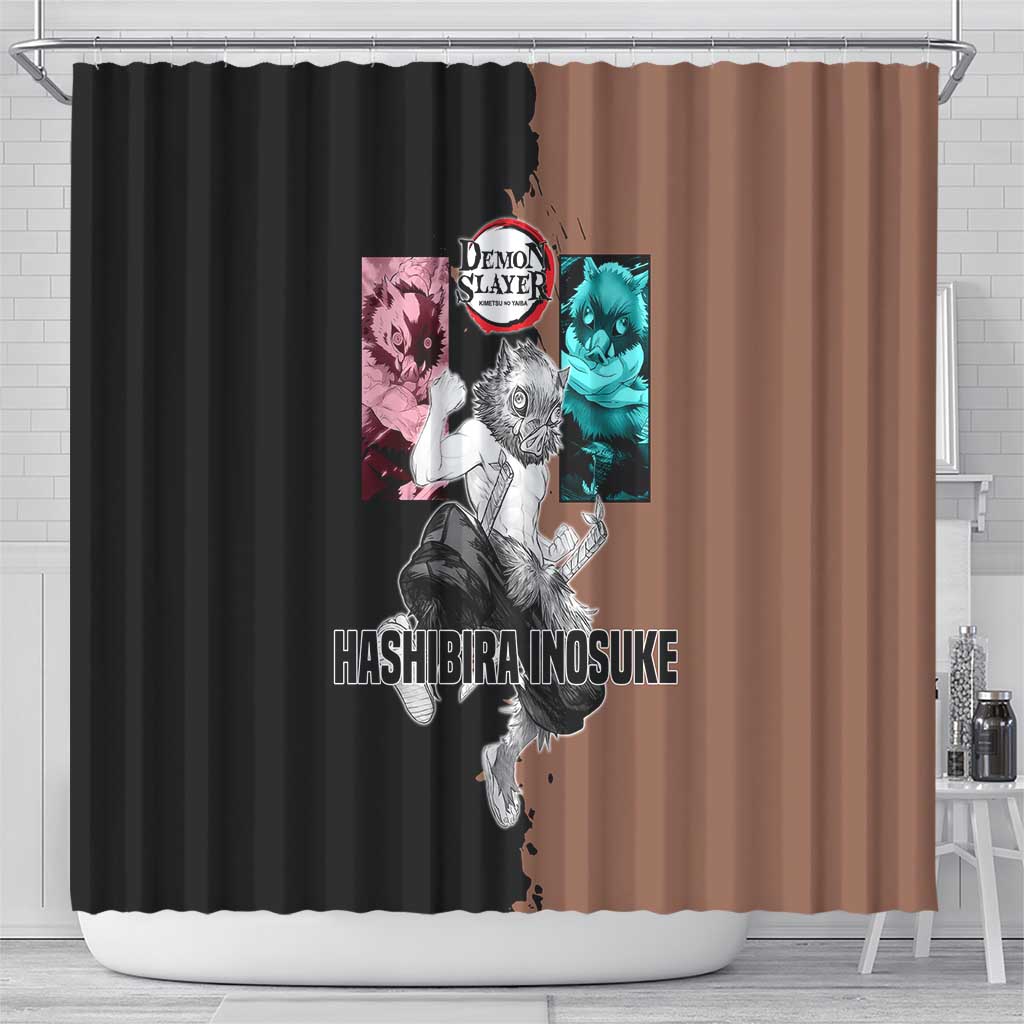 Inosuke Hashibira from Demon Slayer Shower Curtain with Boar Mask and Dual Swords Battle Pose - The Mazicc