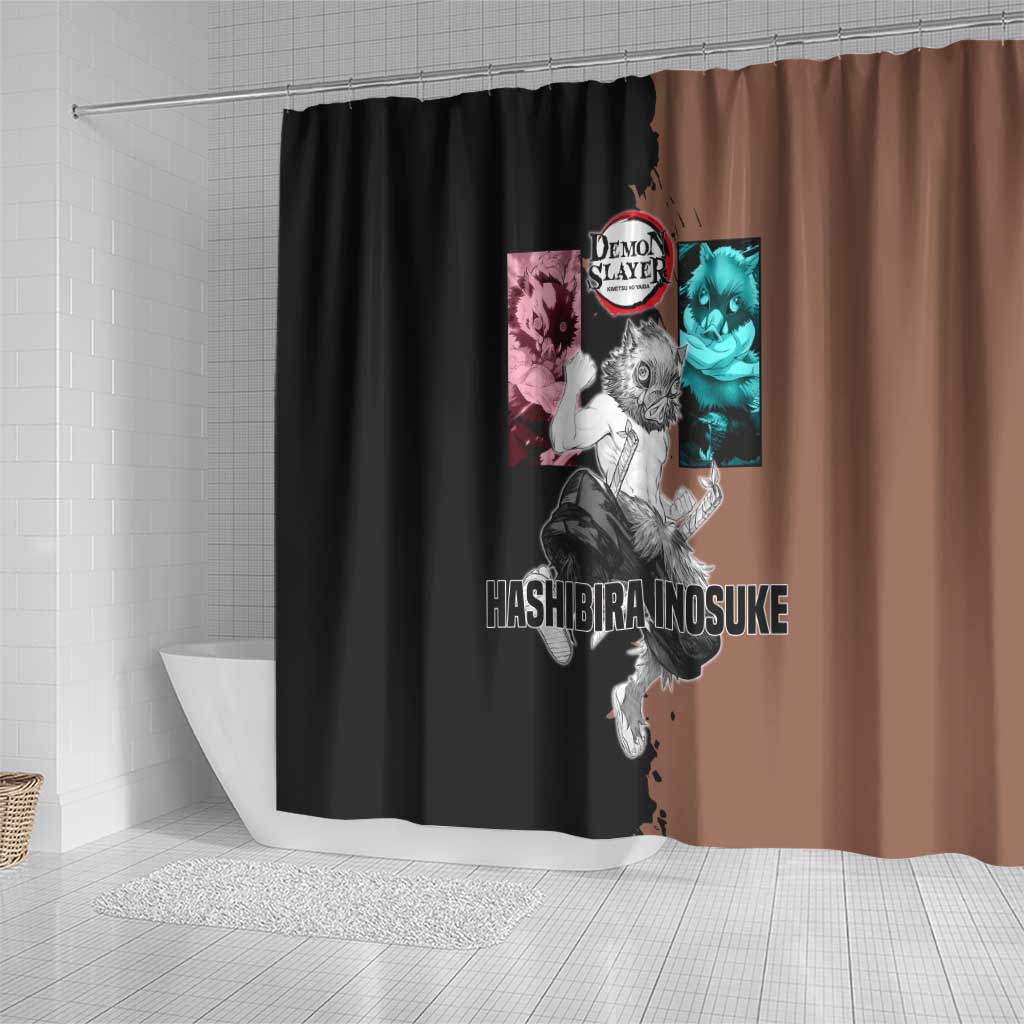 Inosuke Hashibira from Demon Slayer Shower Curtain with Boar Mask and Dual Swords Battle Pose - The Mazicc