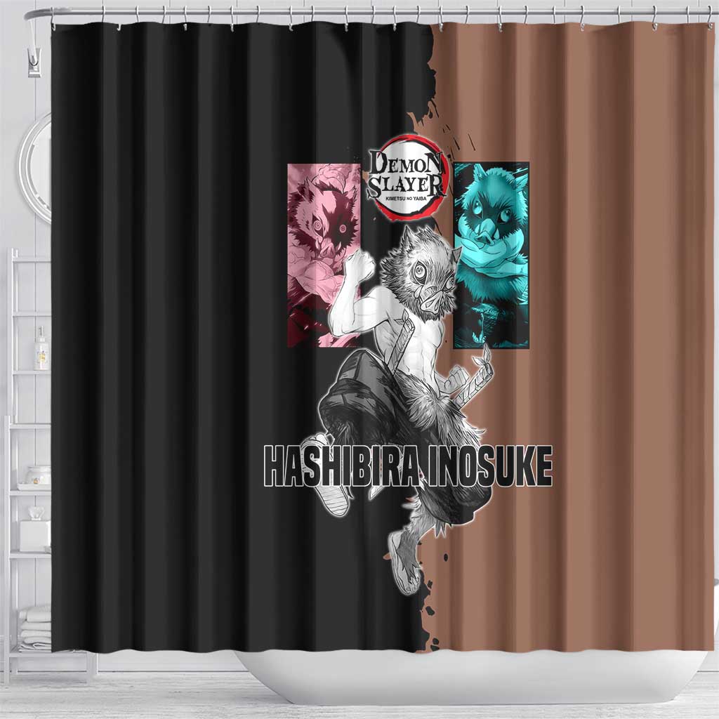 Inosuke Hashibira from Demon Slayer Shower Curtain with Boar Mask and Dual Swords Battle Pose - The Mazicc
