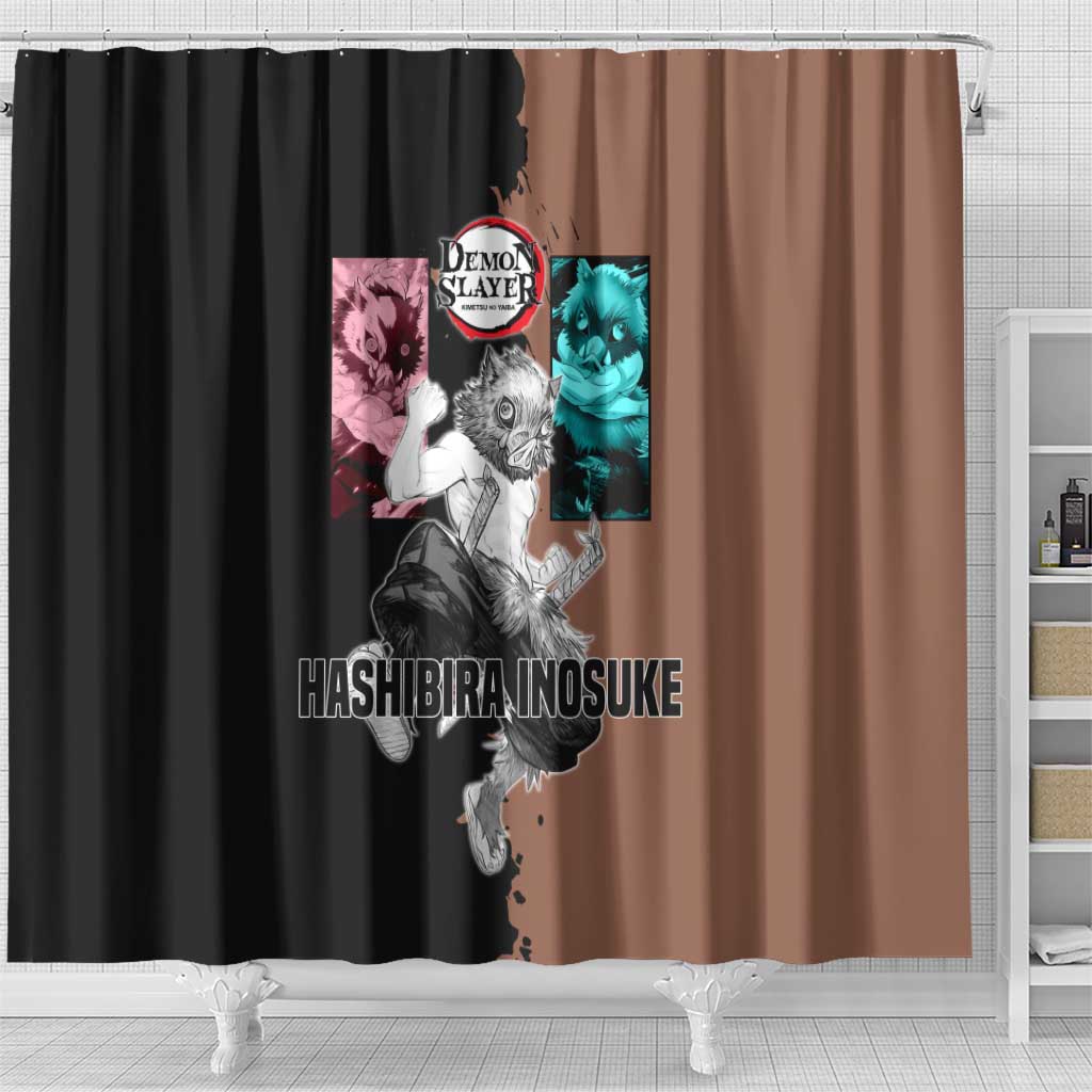 Inosuke Hashibira from Demon Slayer Shower Curtain with Boar Mask and Dual Swords Battle Pose - The Mazicc