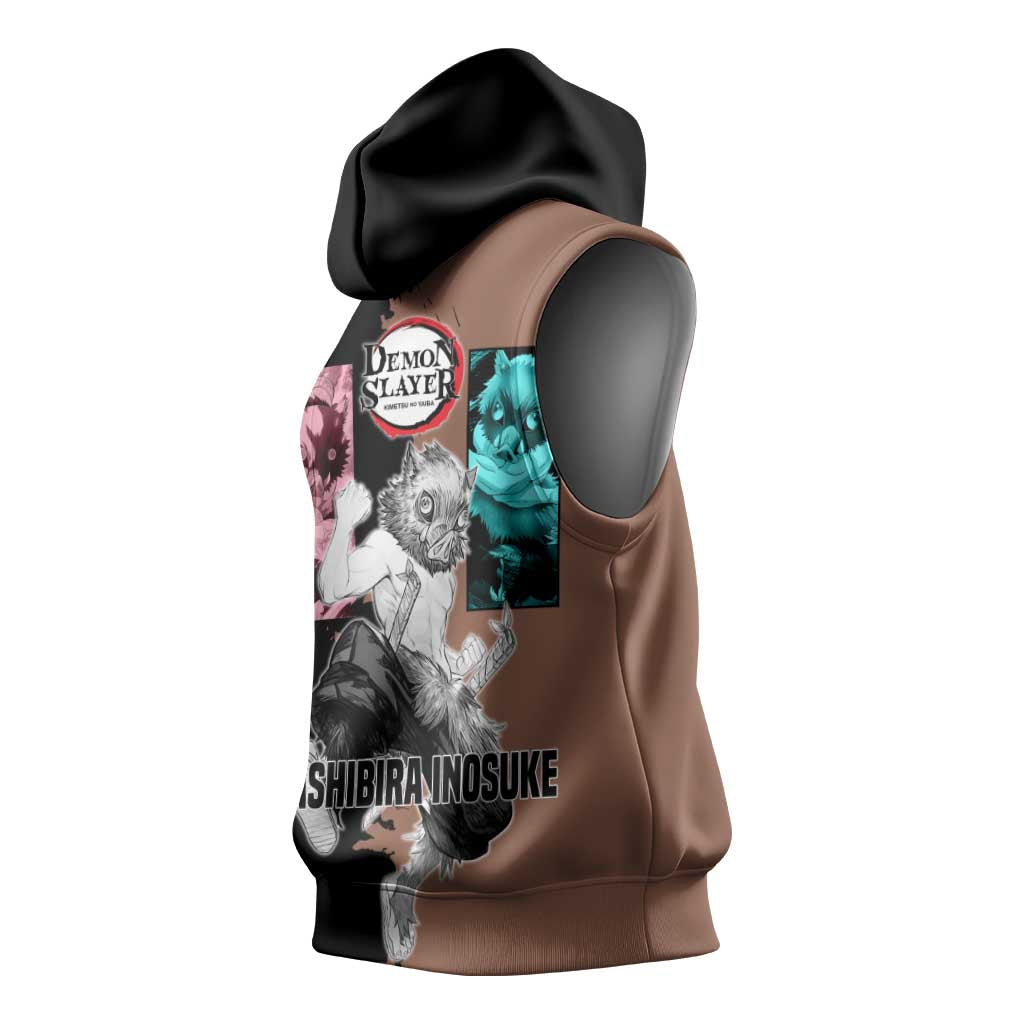 Inosuke Hashibira from Demon Slayer Sleeveless Hoodie with Boar Mask and Dual Swords Battle Pose - The Mazicc
