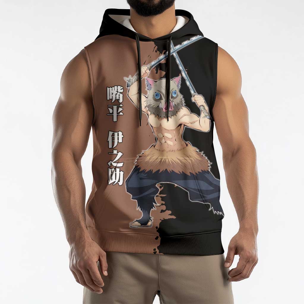 Inosuke Hashibira from Demon Slayer Sleeveless Hoodie with Boar Mask and Dual Swords Battle Pose - The Mazicc