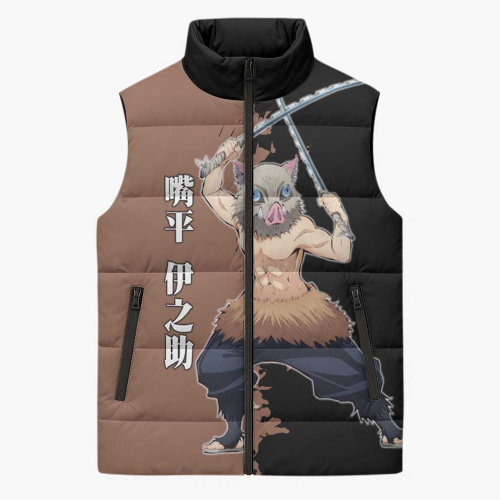 Inosuke Hashibira from Demon Slayer Sleeveless Puffer Jacket with Boar Mask and Dual Swords Battle Pose - The Mazicc