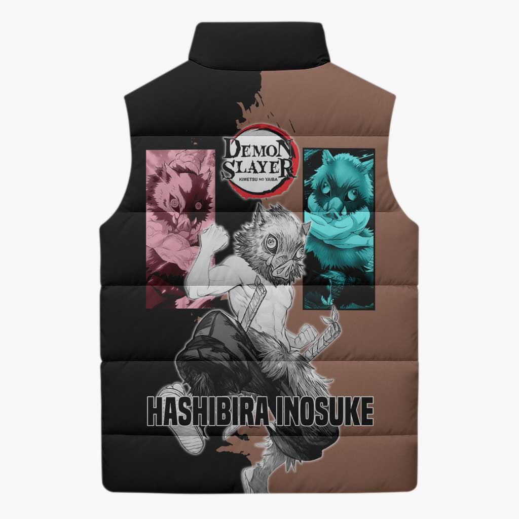 Inosuke Hashibira from Demon Slayer Sleeveless Puffer Jacket with Boar Mask and Dual Swords Battle Pose - The Mazicc
