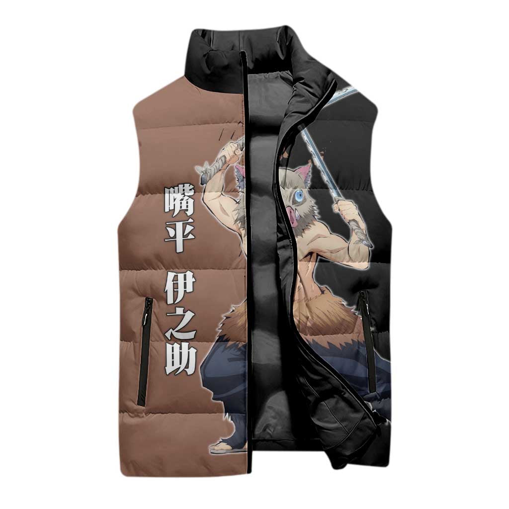 Inosuke Hashibira from Demon Slayer Sleeveless Puffer Jacket with Boar Mask and Dual Swords Battle Pose - The Mazicc