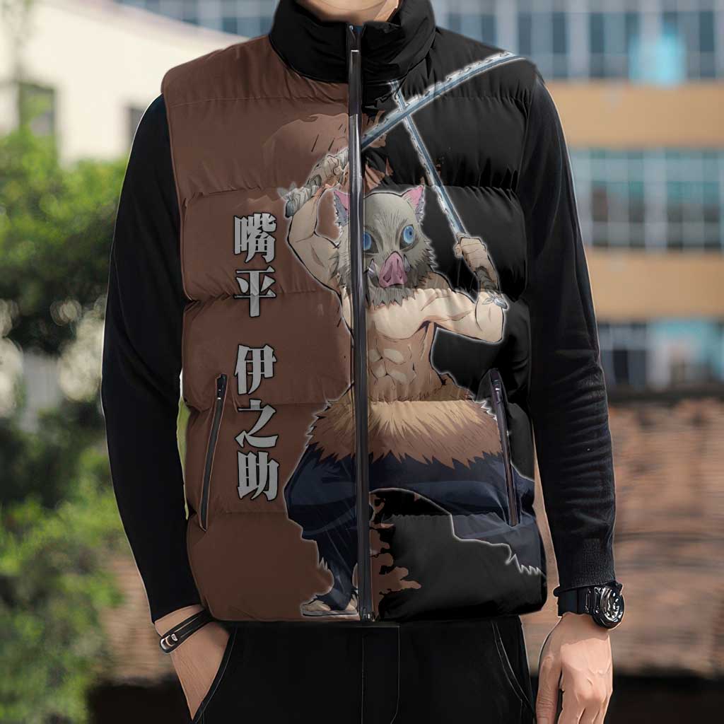 Inosuke Hashibira from Demon Slayer Sleeveless Puffer Jacket with Boar Mask and Dual Swords Battle Pose - The Mazicc