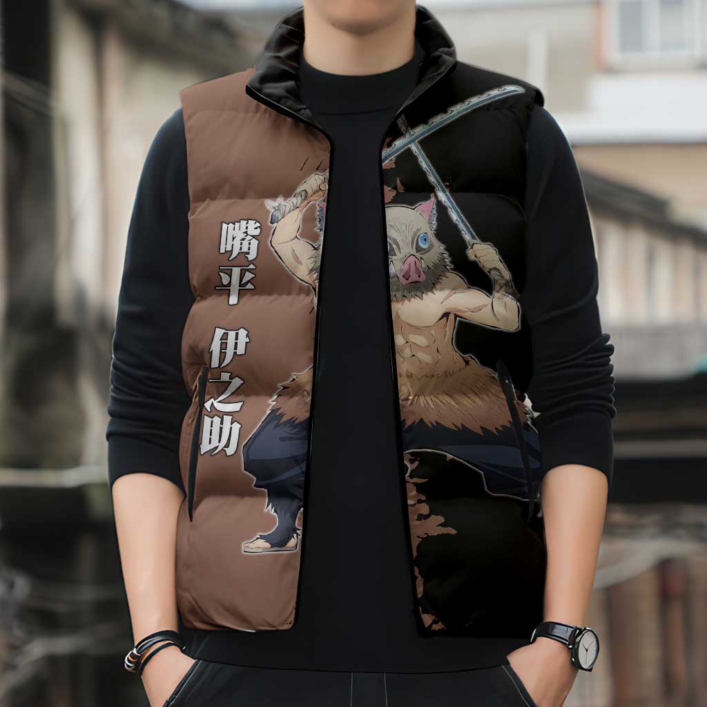 Inosuke Hashibira from Demon Slayer Sleeveless Puffer Jacket with Boar Mask and Dual Swords Battle Pose - The Mazicc
