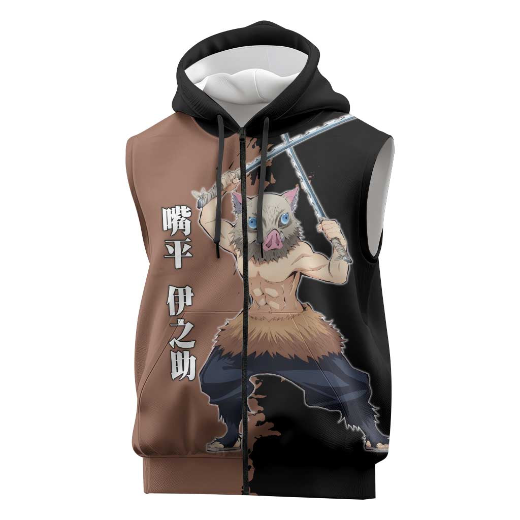 Inosuke Hashibira from Demon Slayer Sleeveless Zip Hoodie with Boar Mask and Dual Swords Battle Pose - The Mazicc