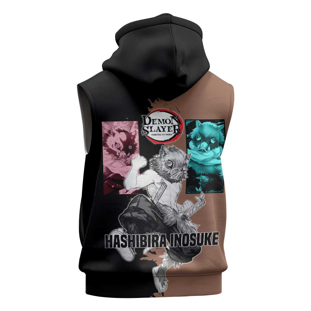 Inosuke Hashibira from Demon Slayer Sleeveless Zip Hoodie with Boar Mask and Dual Swords Battle Pose - The Mazicc