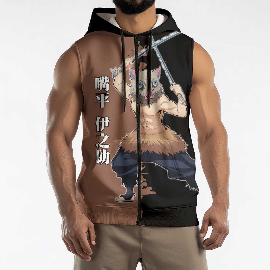 Inosuke Hashibira from Demon Slayer Sleeveless Zip Hoodie with Boar Mask and Dual Swords Battle Pose - The Mazicc