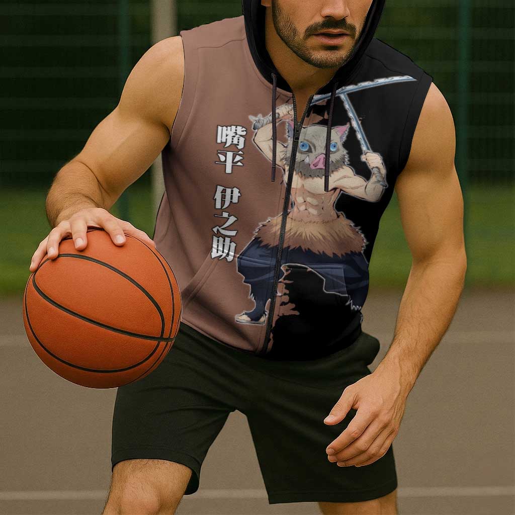 Inosuke Hashibira from Demon Slayer Sleeveless Zip Hoodie with Boar Mask and Dual Swords Battle Pose - The Mazicc