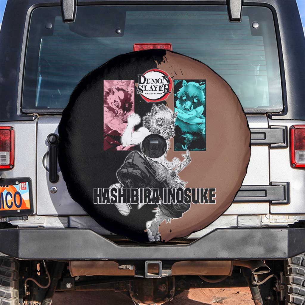 Inosuke Hashibira from Demon Slayer Spare Tire Cover with Boar Mask and Dual Swords Battle Pose - The Mazicc