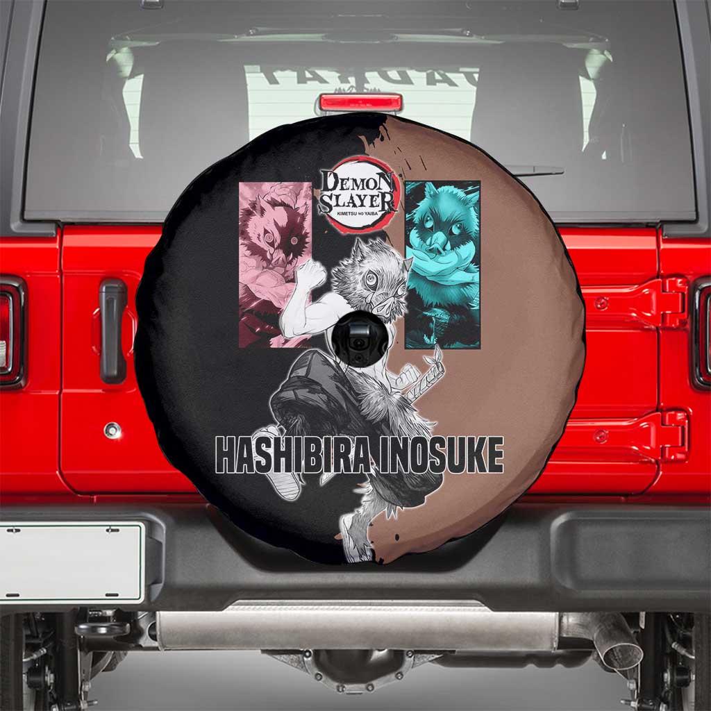 Inosuke Hashibira from Demon Slayer Spare Tire Cover with Boar Mask and Dual Swords Battle Pose - The Mazicc
