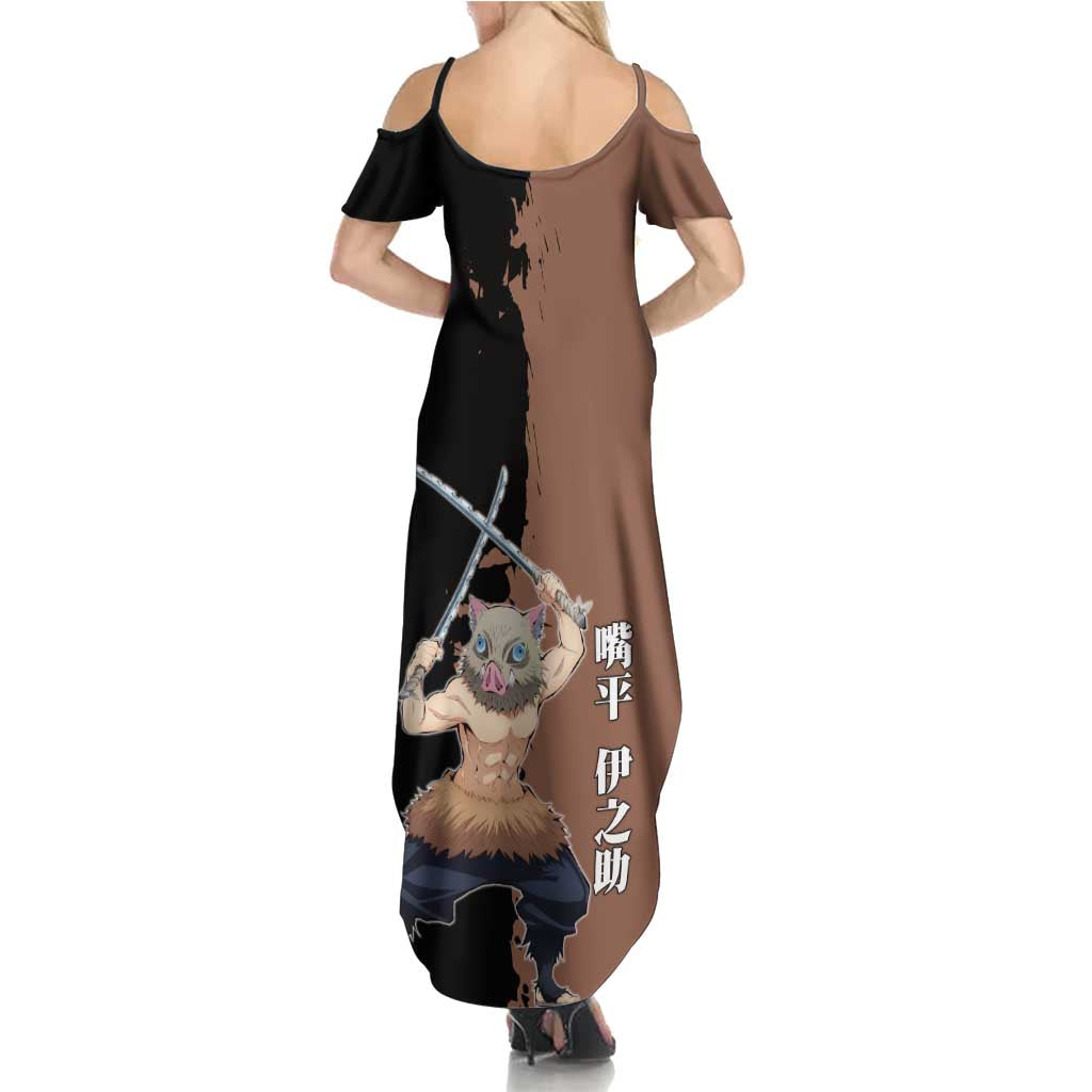 Inosuke Hashibira from Demon Slayer Summer Maxi Dress with Boar Mask and Dual Swords Battle Pose - The Mazicc