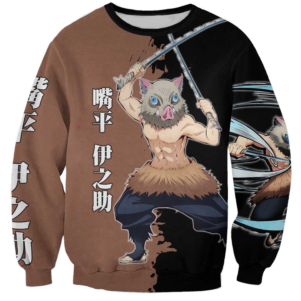 Inosuke Hashibira from Demon Slayer Sweatshirt with Boar Mask and Dual Swords Battle Pose - The Mazicc