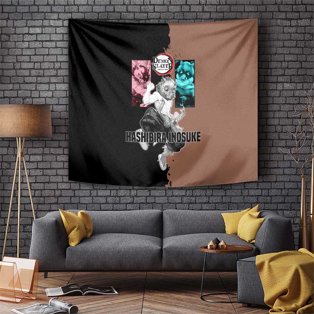 Inosuke Hashibira from Demon Slayer Tapestry with Boar Mask and Dual Swords Battle Pose - The Mazicc