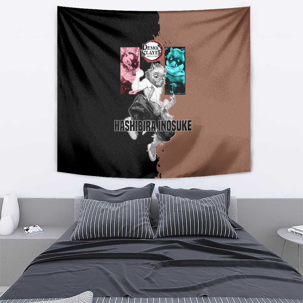 Inosuke Hashibira from Demon Slayer Tapestry with Boar Mask and Dual Swords Battle Pose - The Mazicc
