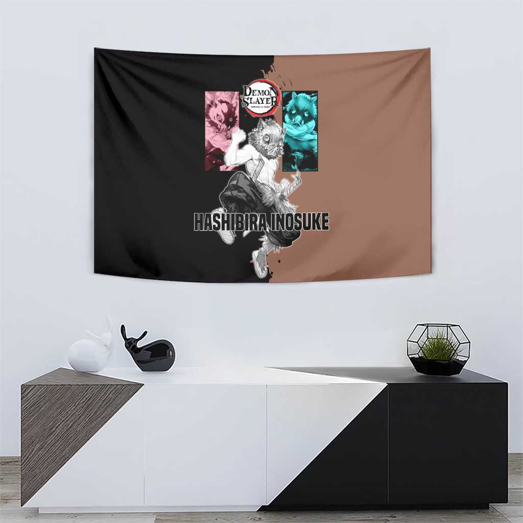 Inosuke Hashibira from Demon Slayer Tapestry with Boar Mask and Dual Swords Battle Pose - The Mazicc