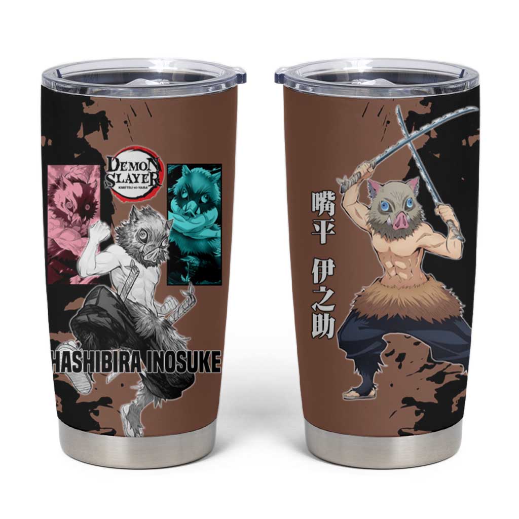 Inosuke Hashibira from Demon Slayer Tumbler Cup with Boar Mask and Dual Swords Battle Pose - The Mazicc