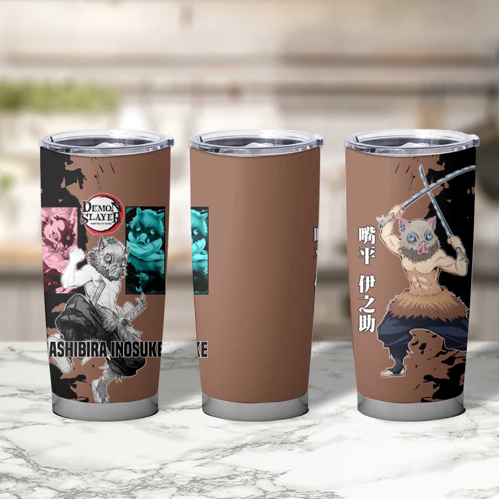 Inosuke Hashibira from Demon Slayer Tumbler Cup with Boar Mask and Dual Swords Battle Pose - The Mazicc
