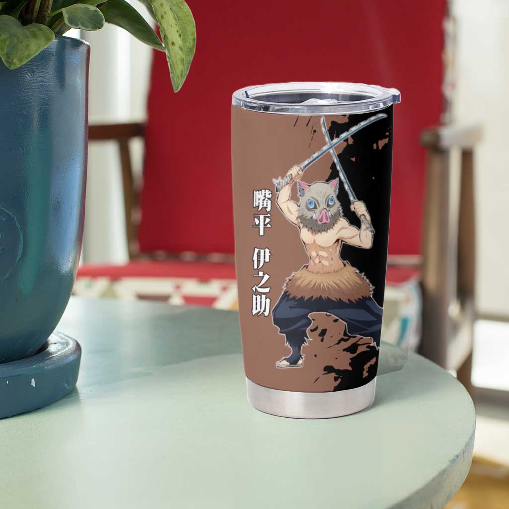 Inosuke Hashibira from Demon Slayer Tumbler Cup with Boar Mask and Dual Swords Battle Pose - The Mazicc
