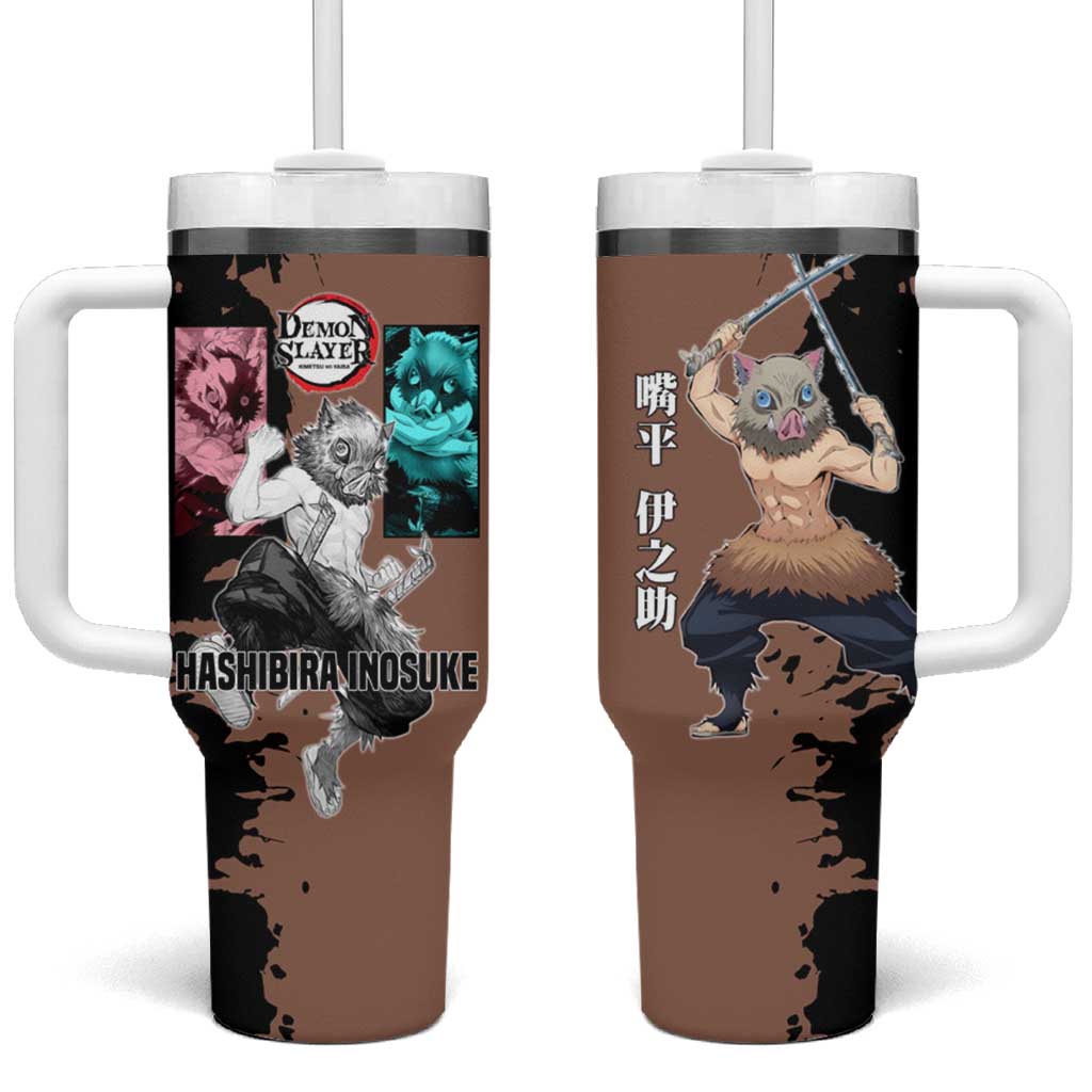 Inosuke Hashibira from Demon Slayer Tumbler With Handle with Boar Mask and Dual Swords Battle Pose - The Mazicc