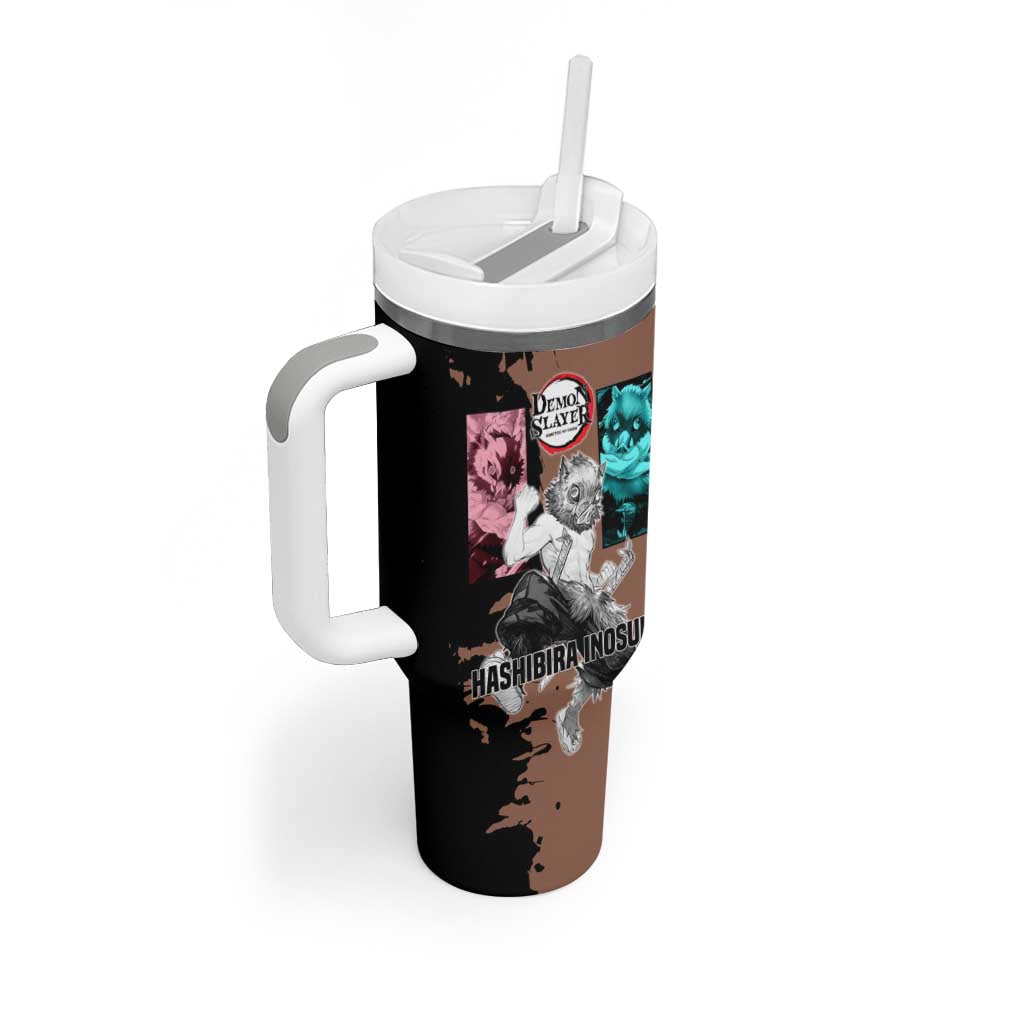 Inosuke Hashibira from Demon Slayer Tumbler With Handle with Boar Mask and Dual Swords Battle Pose - The Mazicc
