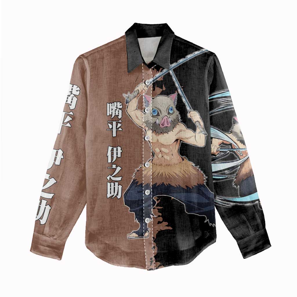 Inosuke Hashibira from Demon Slayer Women Casual Shirt with Boar Mask and Dual Swords Battle Pose - The Mazicc